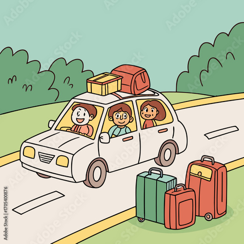 Vector art of a family going on a road trip with luggage on top of the car with trees in the background