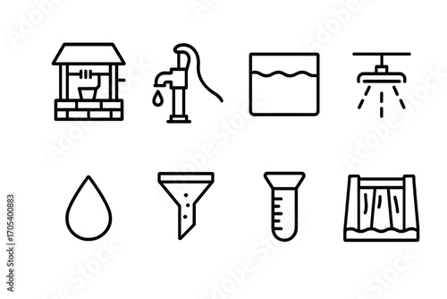 Water Extraction Icons. Outline icon set of water extraction: well, water pump, reservoir, irrigation pipe, dam, water droplet,