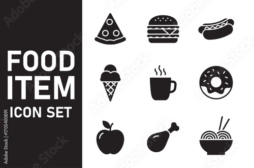Food and beverage icons set, Solid filled color for culinary, kitchen, and restaurant menus, Popular takeaway meal symbols, Solid glyph silhouette