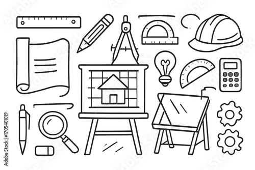 Engineering Tools Doodle. Hand-drawn doodle illustration blueprint presentation blueprint sheet, rolled paper, ruler, pencil,