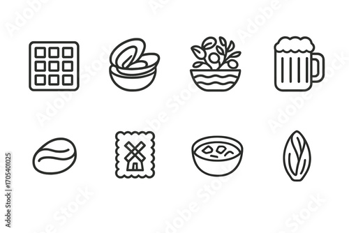 European Icon Sets. Outline icon set of Spanish nature and wildlife: iberian lynx, cork oak, olive tree, Mediterranean sea,