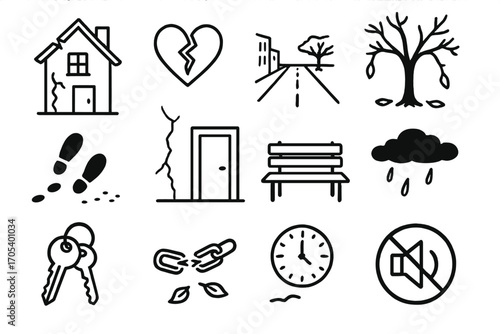 Loneliness Symbols Doodle. Hand-drawn doodle illustration loneliness after losing a place abandoned house, broken heart, empty