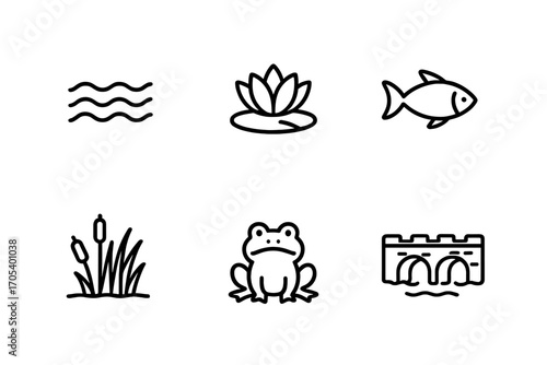 Moat Water Icons. Outline icon set of moat water features: ripple, waves, water lily, fish, aquatic plants, frog, waterfall, moat