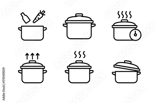 Pressure Cooker Icons. Outline icon set of pressure cooker usage steps: add ingredients, close lid, set timer, build pressure,