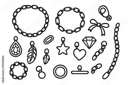 Chain Accessories Doodle. Hand-drawn doodle illustration chain accessories necklace, bracelet, clasp, pendant, charm, metal links,