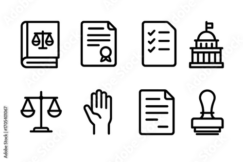 Senator Legislation Icons. Outline icon set of senator legislation process: law book, contract, checklist, parliament, scales of