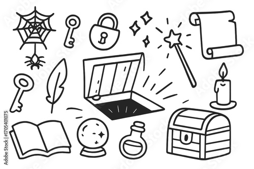 Magical Trapdoor Doodle Icons. Hand-drawn doodle illustration magical trapdoor trapdoor, glowing light, magic wand, key, lock,