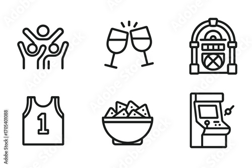 Bar Activities Icons. Outline icon set of bar activities: cheering crowd, clinking glasses, bar counter, jukebox, sports jersey,
