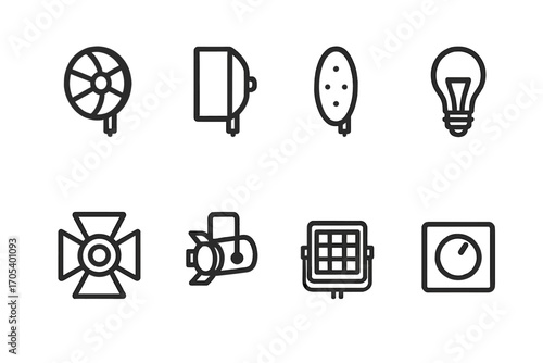 Lighting Icons Set. Outline icon set of lighting accessories: reflector, softbox, diffuser, barn doors, spotlight, floodlight,