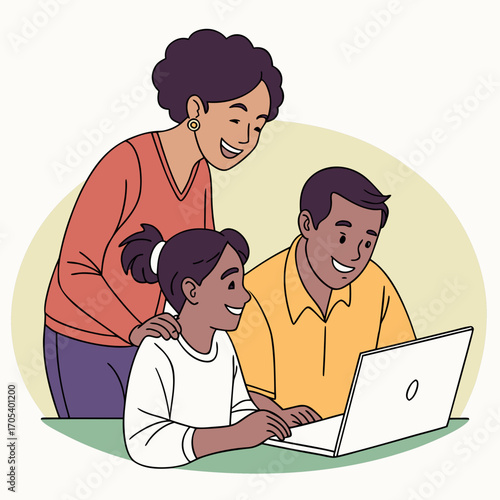 Vector art of a loving family of three gathers around a laptop, sharing a special moment together