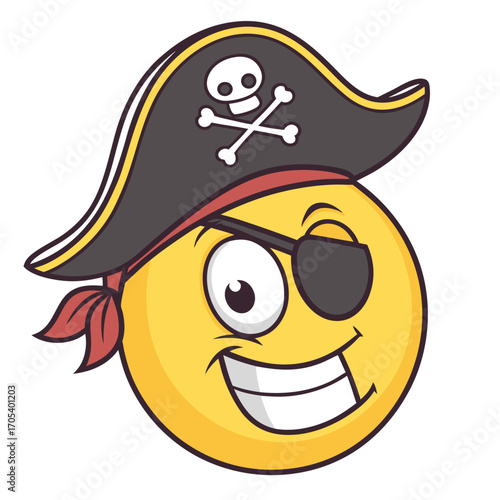 Vector art of a mischievous pirate emoji with an eye patch and hat, embodying adventure and charm