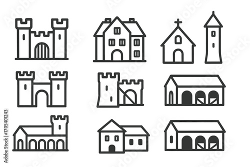 Duchy Building Icons. Outline icon set of duchy buildings: fortress, manor house, chapel, watchtower, gatehouse, drawbridge,