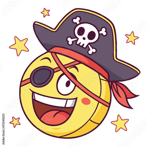 Vector art of a playful pirate emoji with an eye patch and hat, exuding adventure and fun