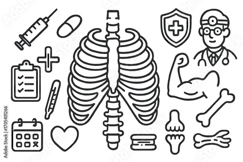 Medical Symbols Doodle. Hand-drawn doodle illustration rib cage protection rib cage, ribs, sternum, shield, muscle, syringe, pill,