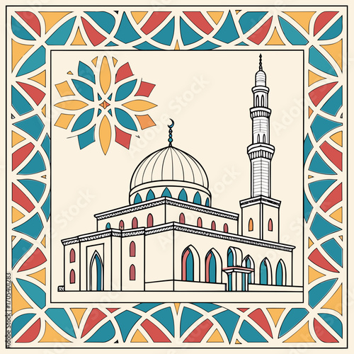Vector art of a stunning mosque with intricate geometric designs, offering a captivating blend of tradition and artistry for ramadan mubarak