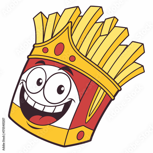 Vector art of a regal french fry king cartoon character smiles, , exuding royal charm and deliciousness in a fun design