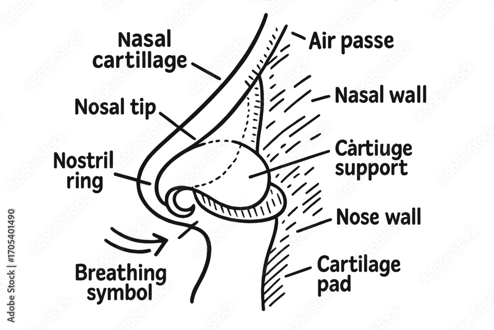 Obraz premium Nasal Anatomy Doodle. Hand-drawn doodle illustration nasal cartilage nose tip, nasal septum, nostril ring, side view nose, soft