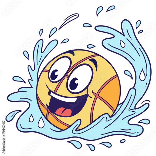 Vector art of cartoon beach ball character splashing in water, expressing summer fun and activity