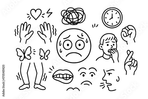 Anxiety Doodle Symbols. Hand-drawn doodle illustration anxiety trembling hands, sweating face, racing heartbeat, wide eyes,