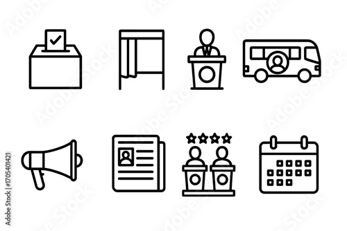 Presidential Election Icons. Outline icon set of presidential election process: ballot box, voting booth, candidate podium,