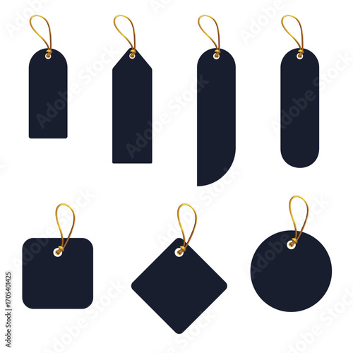 This image shows a collection of blank hanging tags in various shapes, including rectangular, rounded, circular, square, and diamond forms. Each tag is dark navy in color, featuring a small hole reinf