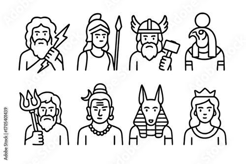 Mythological Gods Icons. Outline icon set of mythological gods and deities: Zeus, Athena, Thor, Ra, Poseidon, Shiva, Anubis, Hera.