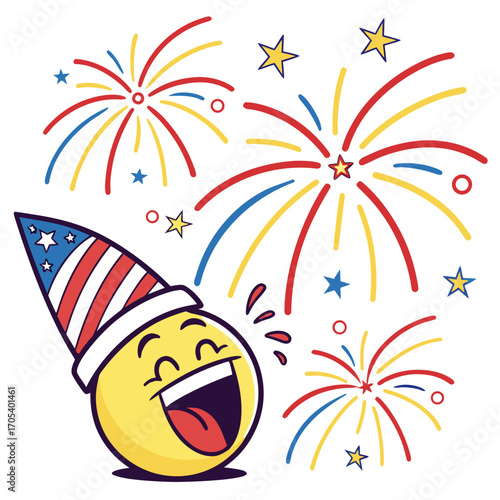 Vector art of cartoon emoji celebrating fourth of july, a festive character with fireworks and a party hat