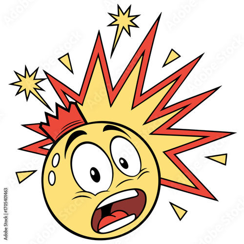 Vector art of cartoon emoji character with a surprised expression and an explosion is about to blow up soon