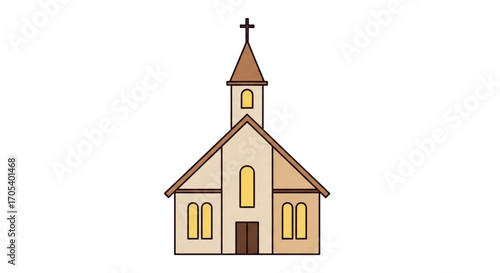 A simple illustration of a church building with a cross on top.