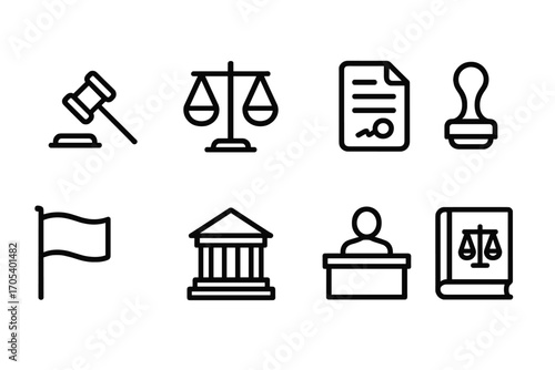 Legal Symbol Icons. Outline icon set of chamber official symbols: gavel, scales of justice, legal document, seal stamp, flag,