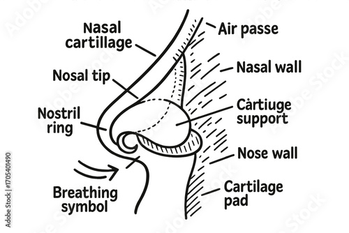 Nasal Anatomy Doodle. Hand-drawn doodle illustration nasal cartilage nose tip, nasal septum, nostril ring, side view nose, soft