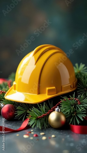 Construction hard hat adorned with festive tinsel and ornaments , winter, season's greetings, silver