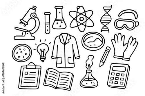 Scientific Doodle Icons. Hand-drawn doodle illustration scientific foundation microscope, test tube, flask, atom, DNA strand, lab