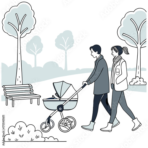 Vector art of couple walking with baby in stroller through the park, enjoying fresh air and nature, a peaceful and relaxing walk