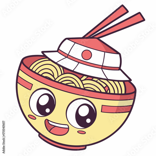 Vector art of cute bowl of ramen with a smiling face, a delightful and whimsical food illustration