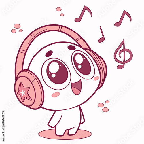 Vector art of cute cartoon character with headphones listening to music and enjoying the sound