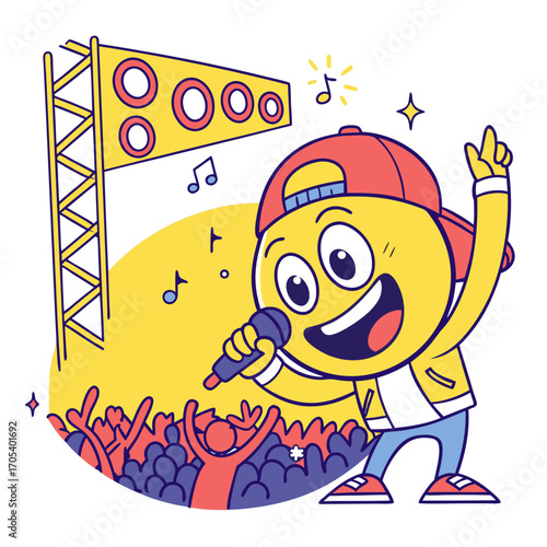 Vector art of cute cartoon emoji singer with microphone, vector illustration of a rapper character