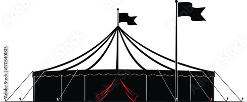 Classic circus tent vector silhouette with flags, ideal for carnival, amusement park, festival event design, outdoor entertainment themes.