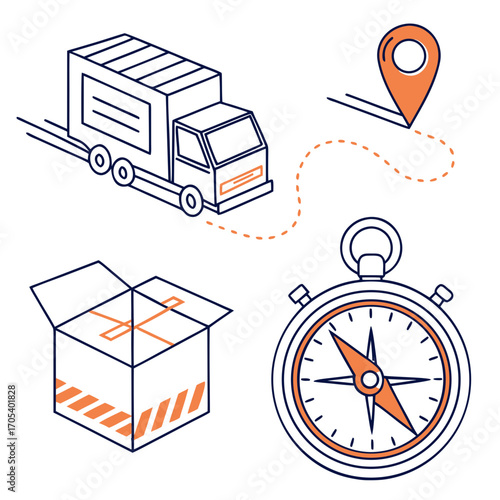 Vector art of delivery service concept, featuring a truck, package, stopwatch, and location pin in a modern line art style