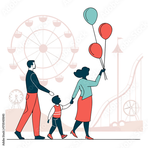 Vector art of family enjoying a day at the amusement park, walking hand in hand with balloons