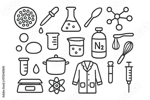 Molecular Gastronomy Doodles. Hand-drawn doodle illustration Spherification technique sphere, pipette, flask, spoon, molecular