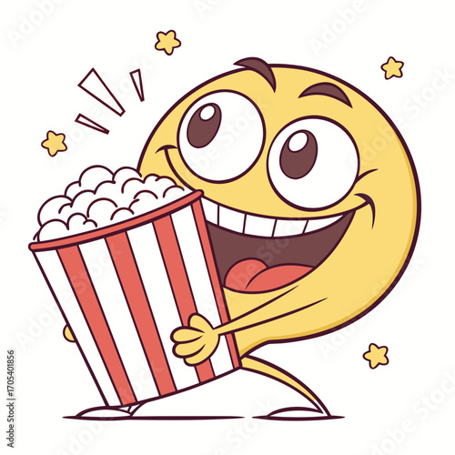 Vector art of excited emoji holding a popcorn bucket, ready for a movie night with a big smile on its face