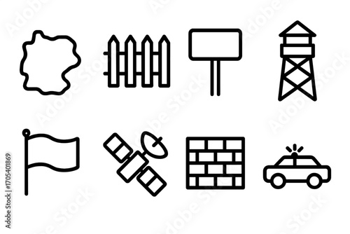 Border Icons Collection. Outline icon set of national borders: map outline, fence, border sign, watchtower, flag, satellite, wall,