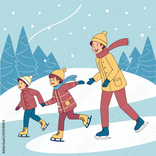 Vector art of family fun on ice a mother and two children enjoy ice skating together in a snowy winter wonderland landscape illustration