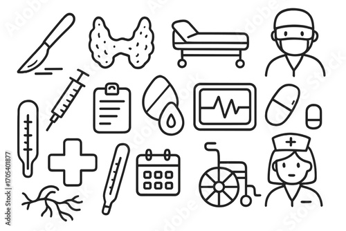 Medical Doodle Icons. Hand-drawn doodle illustration gland gland surgery scalpel, gland, hospital bed, doctor, syringe, clipboard,