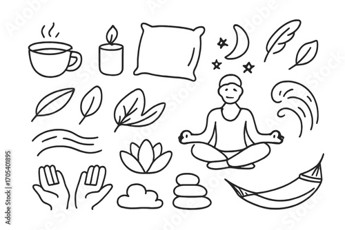 Serene Daily Moments. Hand-drawn doodle illustration Calm moments in daily life tea cup, candle, soft pillow, feather, leaf, moon,
