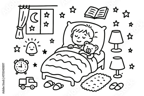 Bedtime Doodle Delight. Hand-drawn doodle illustration Child bedtime with warm nightlight child in bed, blanket, pillow,