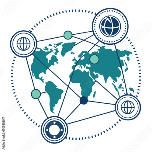 Vector art of global network connection with world map, symbolizing international communication and technology
