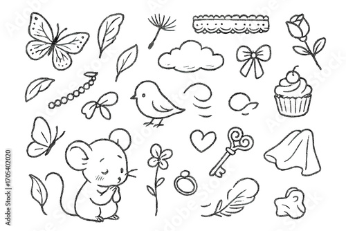 Delicate Nature Doodle. Hand-drawn doodle illustration delicate nature butterfly, flower petal, feather, dandelion seed, lace,