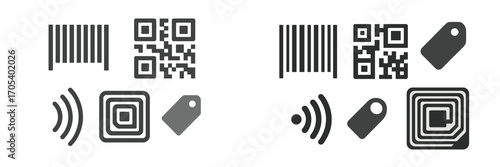 Collection of icons for identification and data scanning including barcode, QR code, RFID tag, and NFC symbol